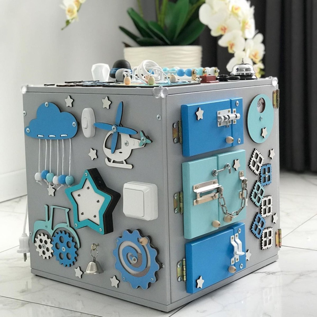 15.7" Activity Cube, Ages 1-5, Sensory Board Toy, Montessori playroom kids activities