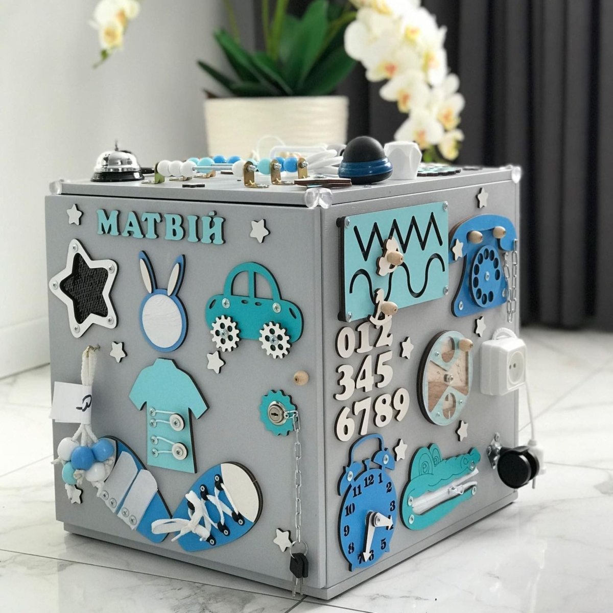 15.7" Activity Cube, Ages 1-5, Sensory Board Toy, Montessori playroom kids activities