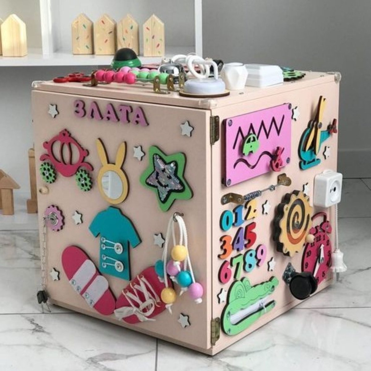 15.7" Activity Cube, Ages 1-5, Sensory Board Toy, Montessori playroom kids activities