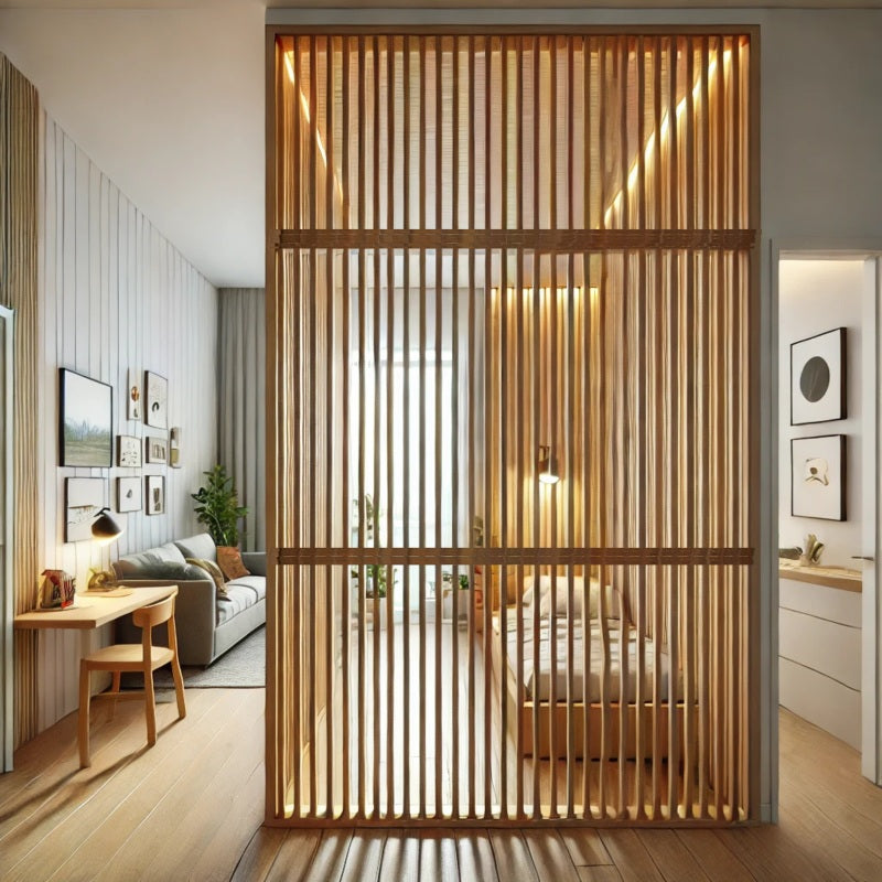 Temporary wooden wall separator in minimalist bedroom