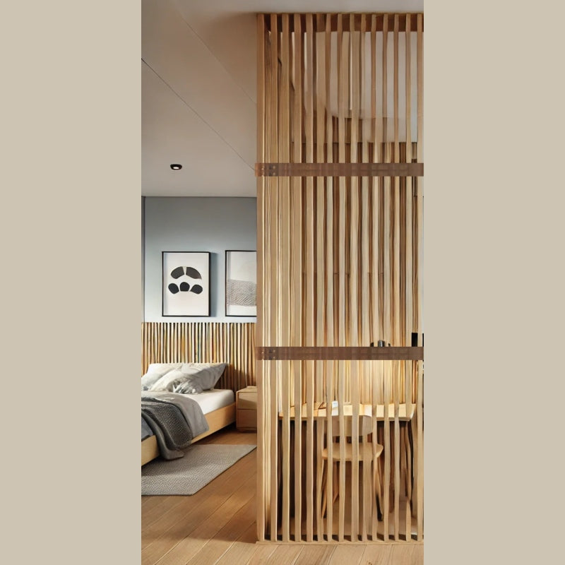 Wooden divider separating nursery and bedroom areas