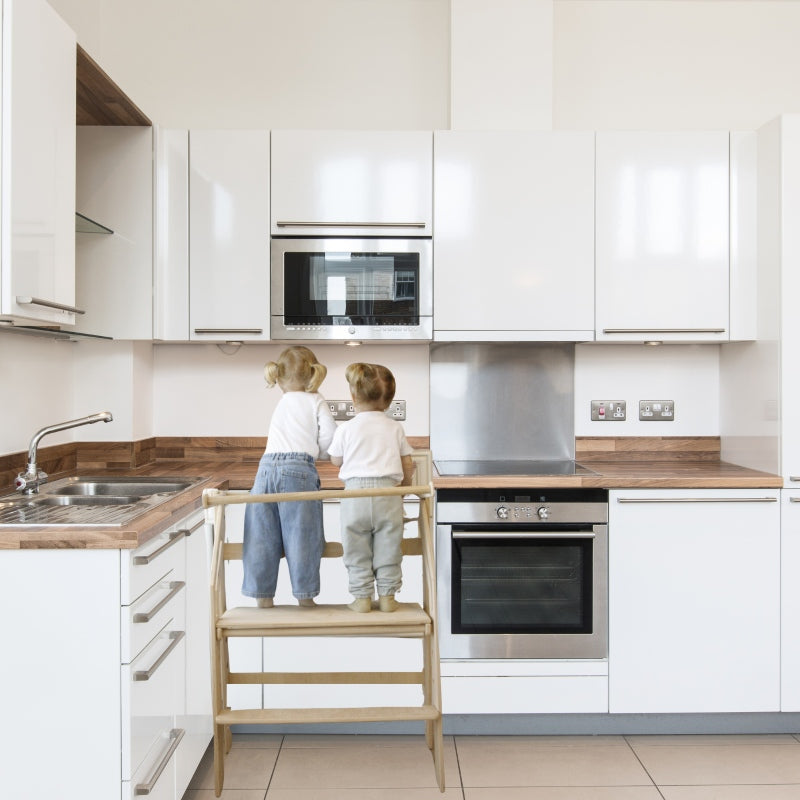 Double Montessori learning tower for twins in natural wood