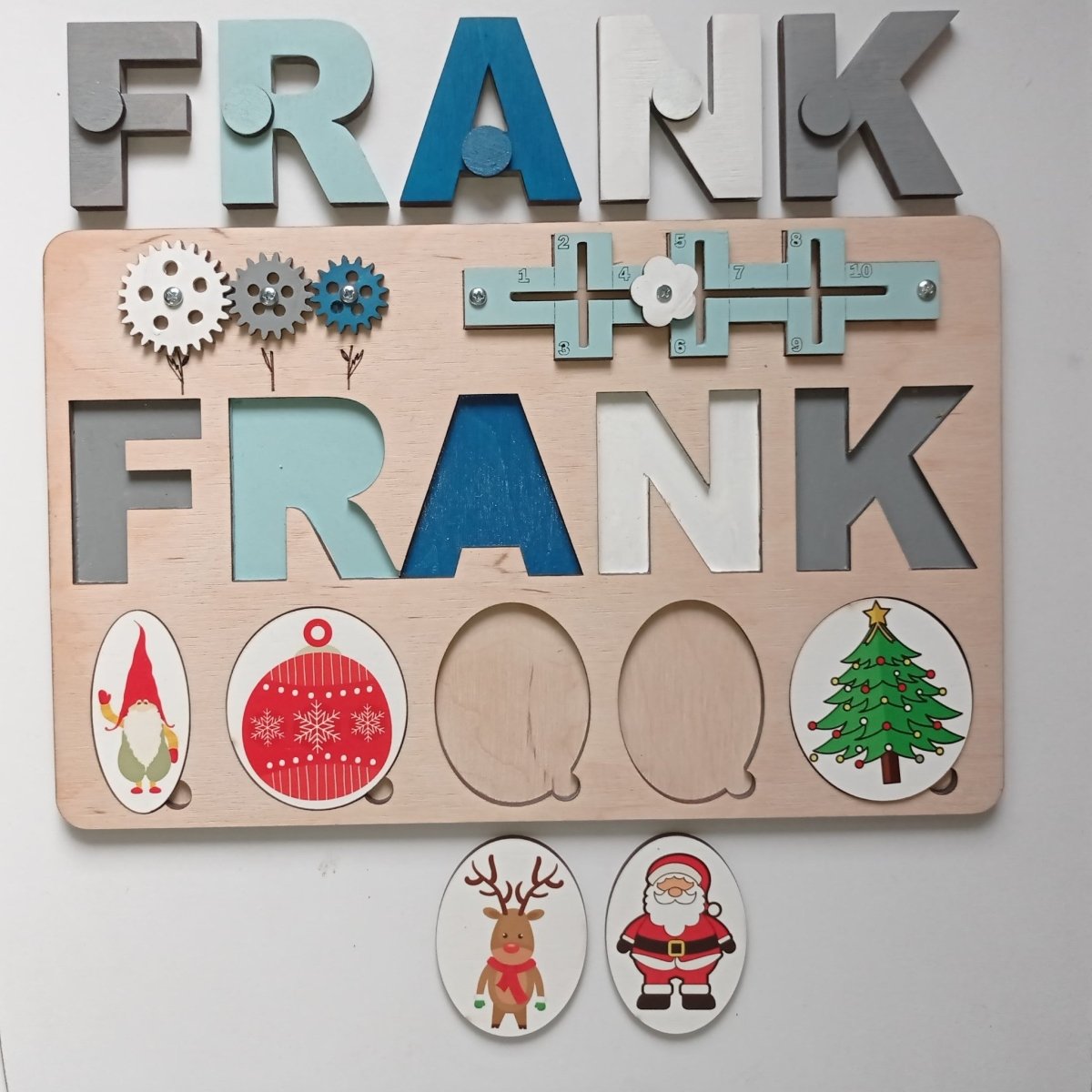 Baby first Christmas gift ideas Santa baby shower, wooden kids personalized custom name puzzle, toddler boy girl white black