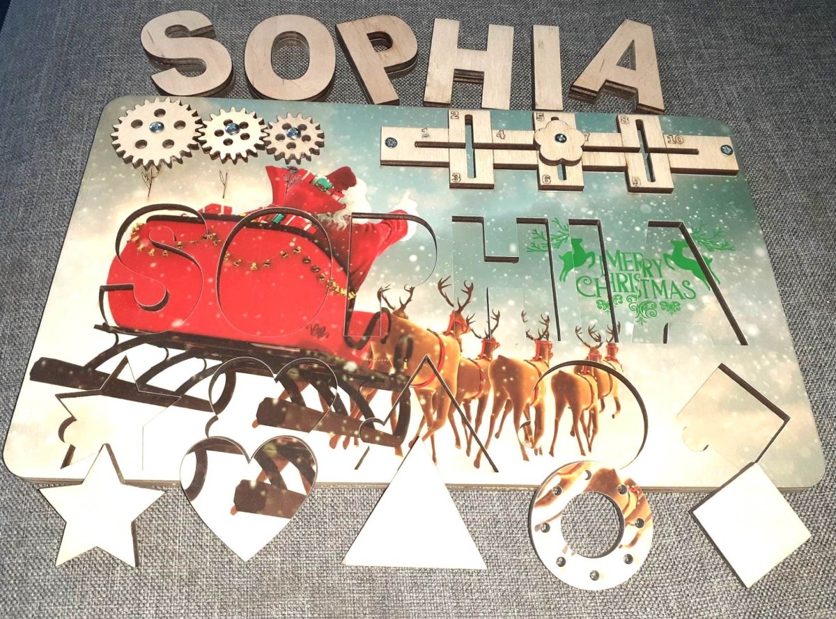Baby first Christmas gift ideas Santa baby shower, wooden kids personalized custom name puzzle, toddler boy girl white black