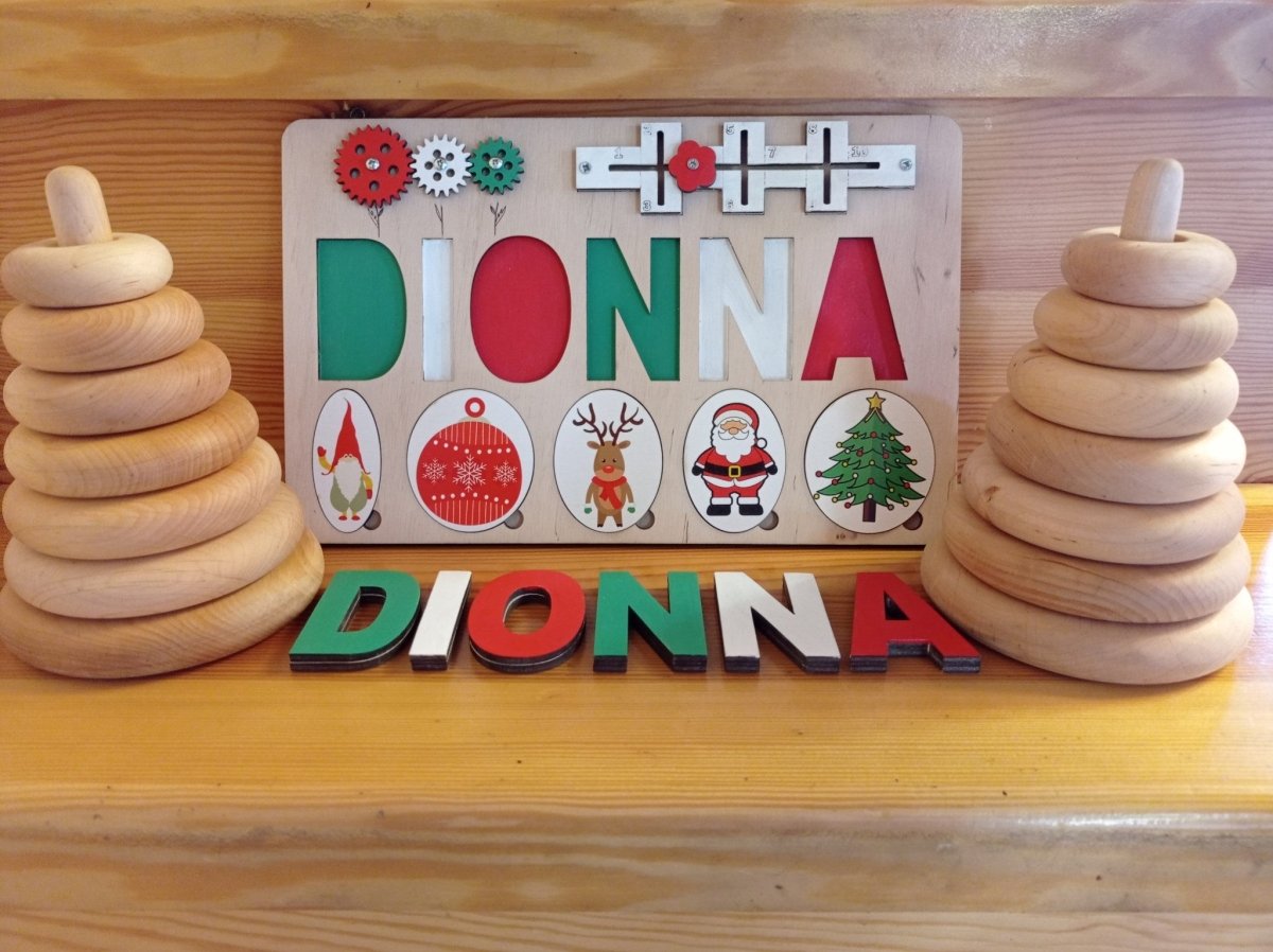 Baby first Christmas gift ideas Santa baby shower, wooden kids personalized custom name puzzle, toddler boy girl white black