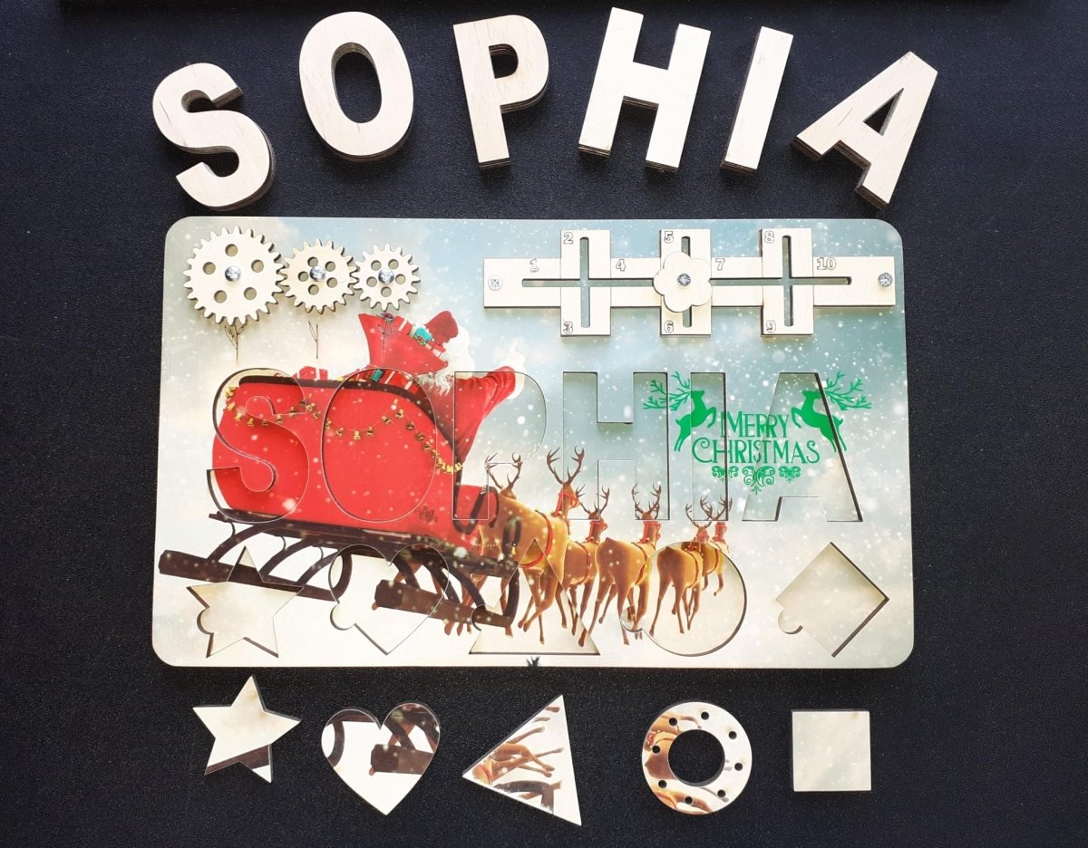Baby first Christmas gift ideas Santa baby shower, wooden kids personalized custom name puzzle, toddler boy girl white black
