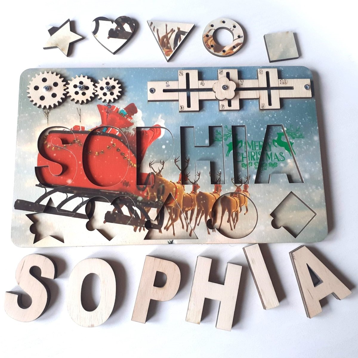 Baby first Christmas gift ideas Santa baby shower, wooden kids personalized custom name puzzle, toddler boy girl white black