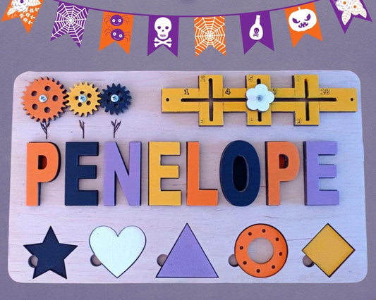 Baby first Halloween spirit gift idea, baby shower party, wooden kids personalized custom name puzzle, toddler boy girl