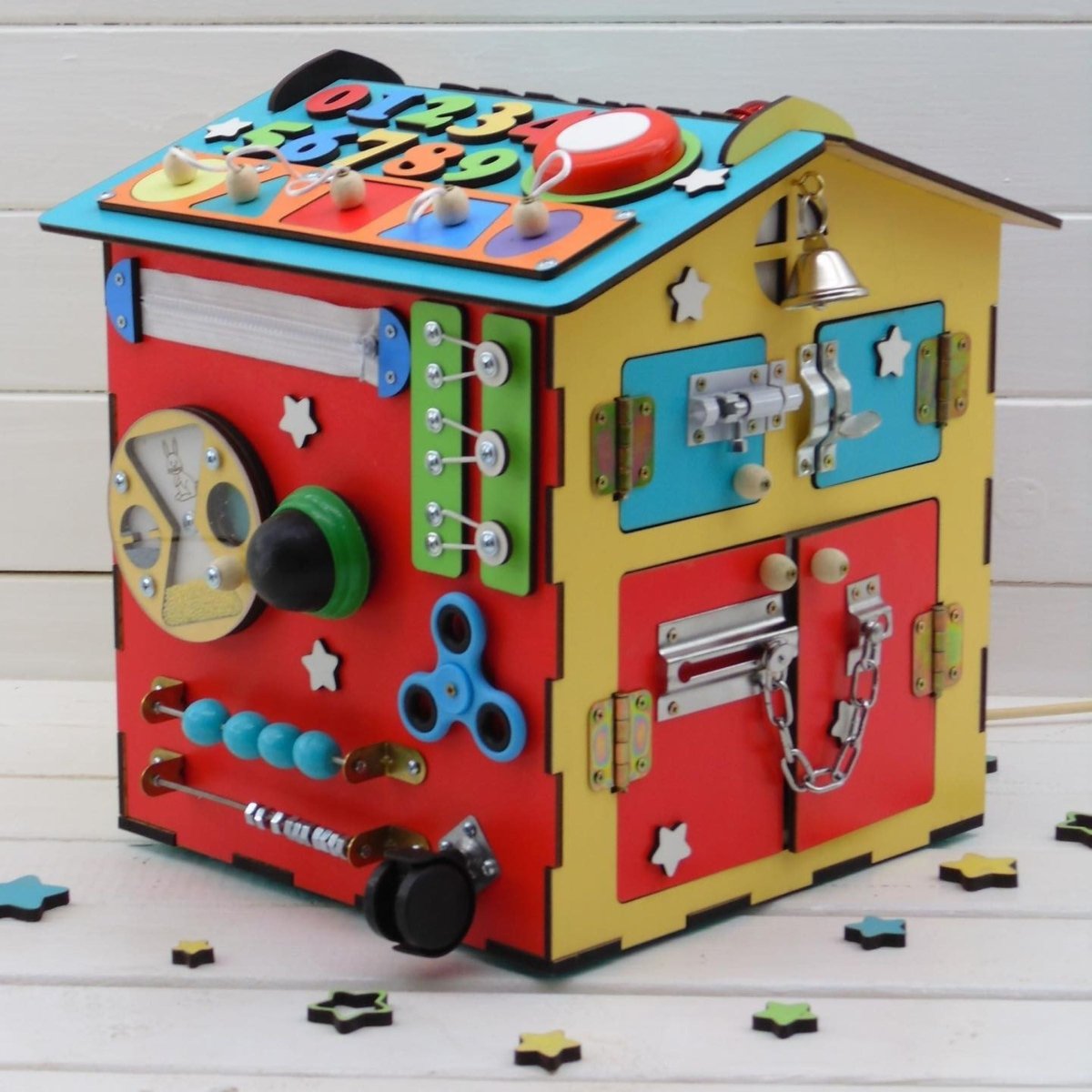 Busy house personalized fidget LED lights toddler board, baby Montessori furniture gift, kids nursery wooden puzzle toy box