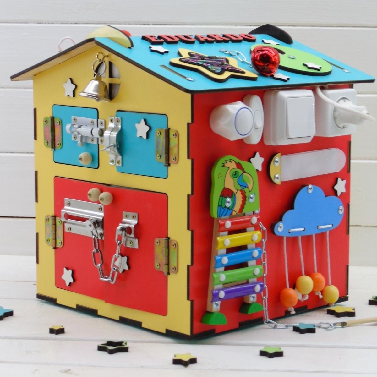 Busy house personalized fidget LED lights toddler board, baby Montessori furniture gift, kids nursery wooden puzzle toy box