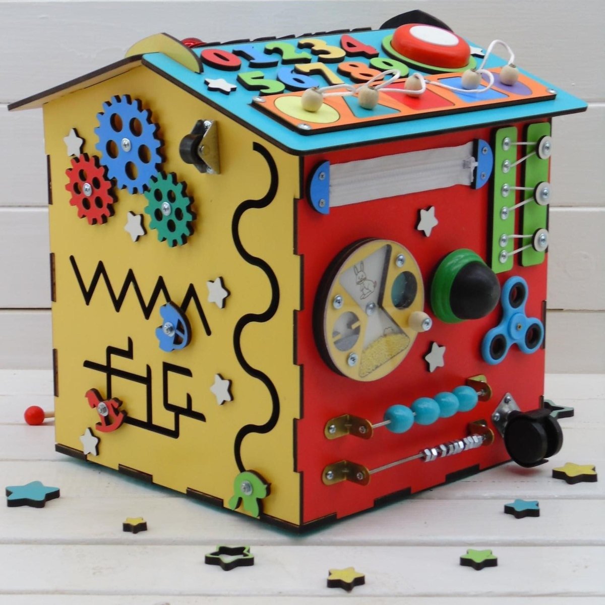 Busy house personalized fidget LED lights toddler board, baby Montessori furniture gift, kids nursery wooden puzzle toy box