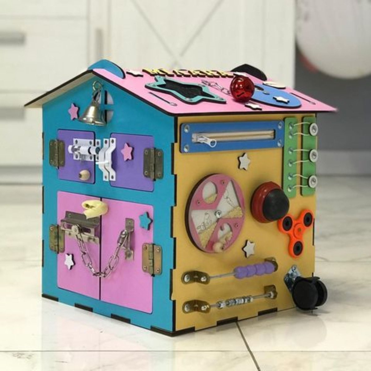 Busy house personalized fidget LED lights toddler board, baby Montessori furniture gift, kids nursery wooden puzzle toy box
