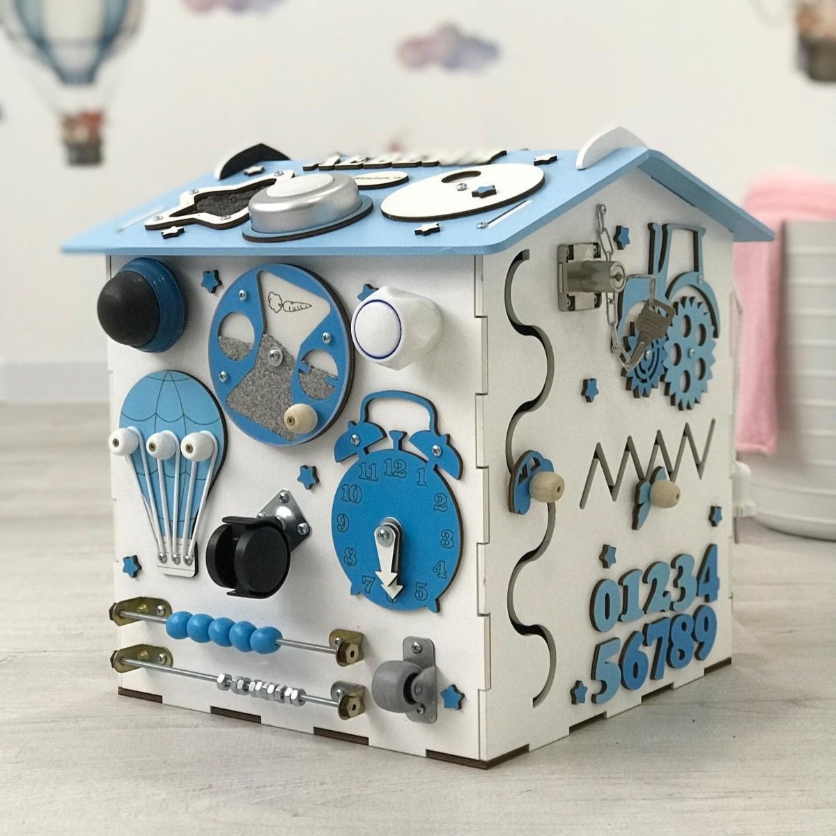 Busy house personalized fidget LED lights toddler board, baby Montessori furniture gift, kids nursery wooden puzzle toy box