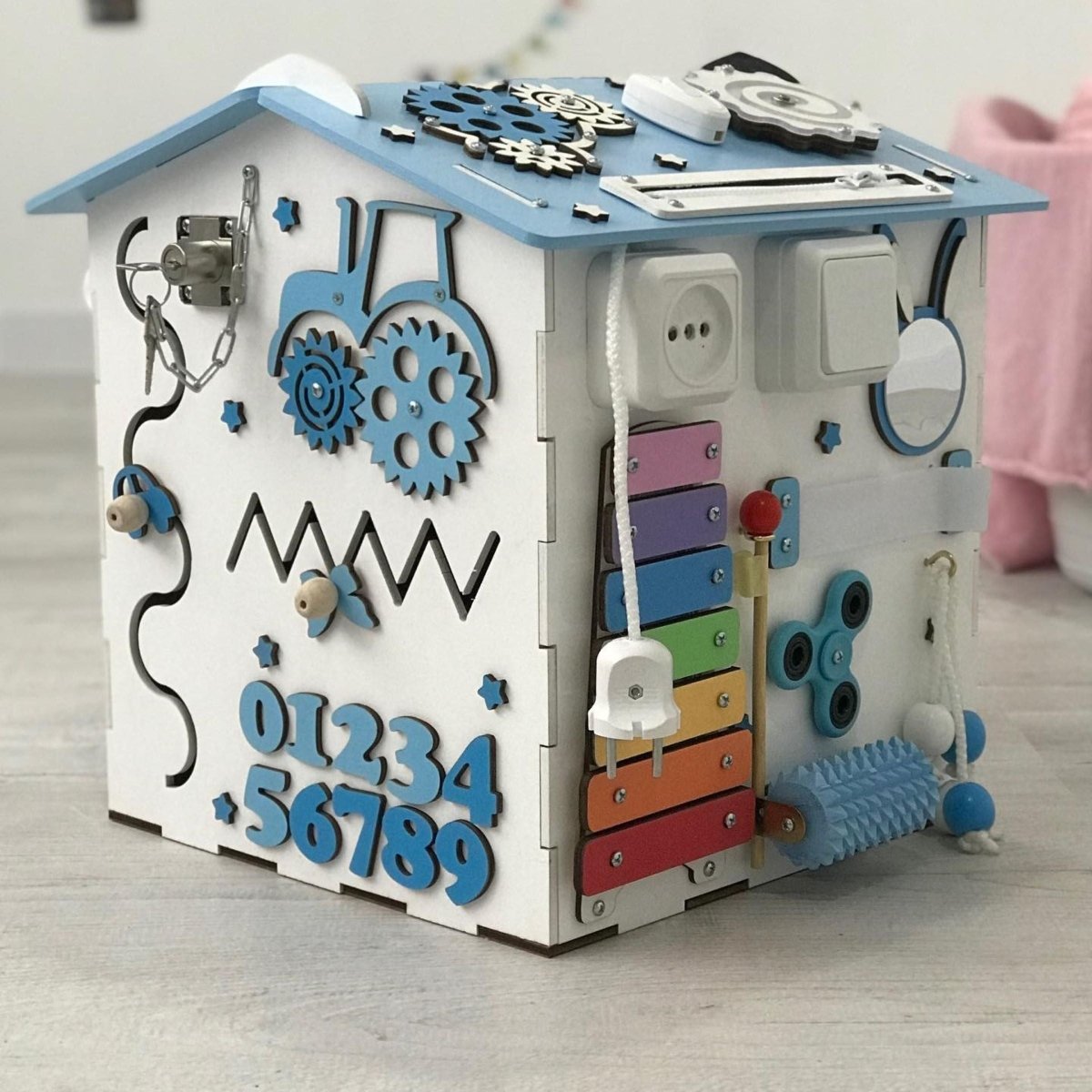 Busy house personalized fidget LED lights toddler board, baby Montessori furniture gift, kids nursery wooden puzzle toy box