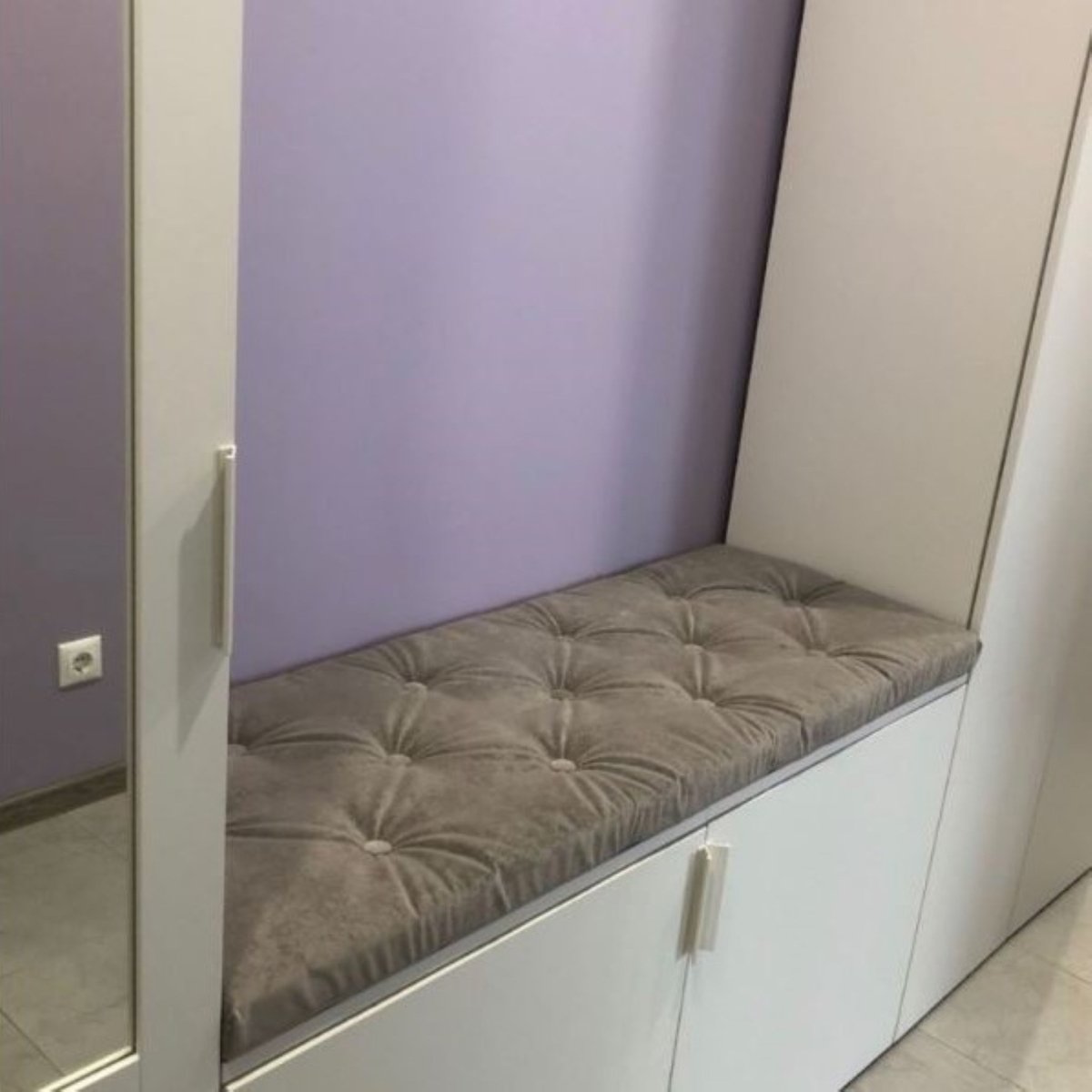 Cushion for shoes entryway bench with organize storage, custom small cabinet, changing seat