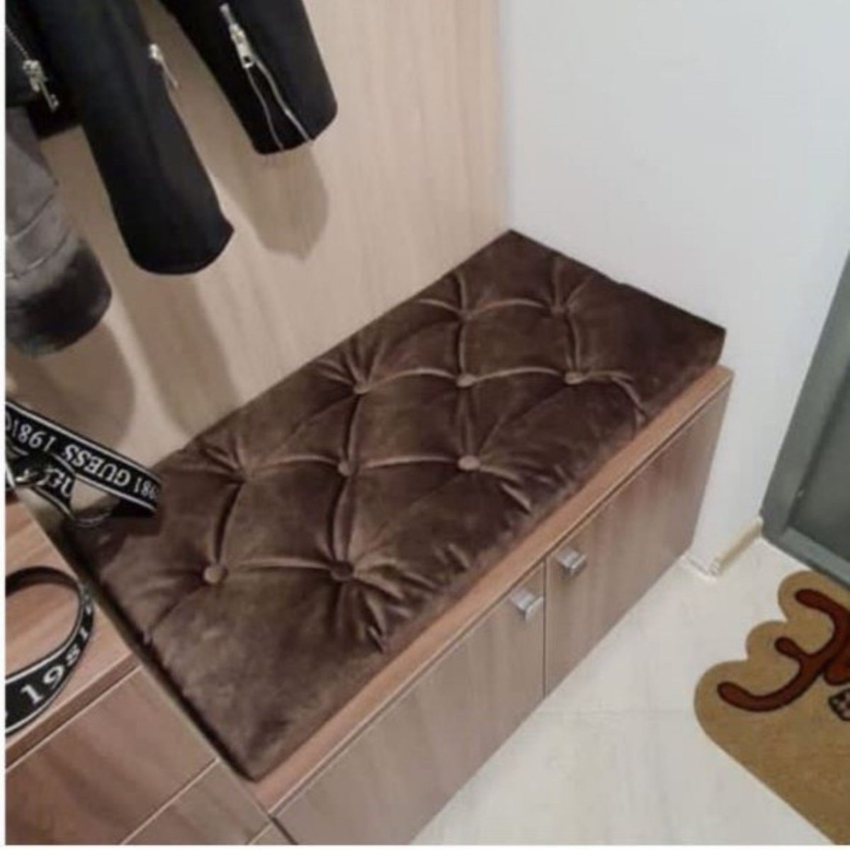 Cushion for shoes entryway bench with organize storage, custom small cabinet, changing seat
