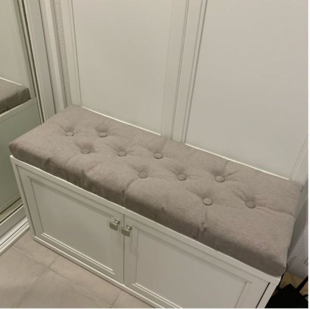 Cushion for shoes entryway bench with organize storage, custom small cabinet, changing seat