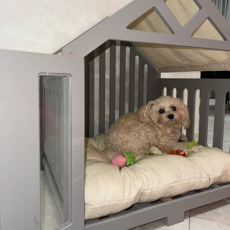 Small dog kennel with washable pillow in natural wood