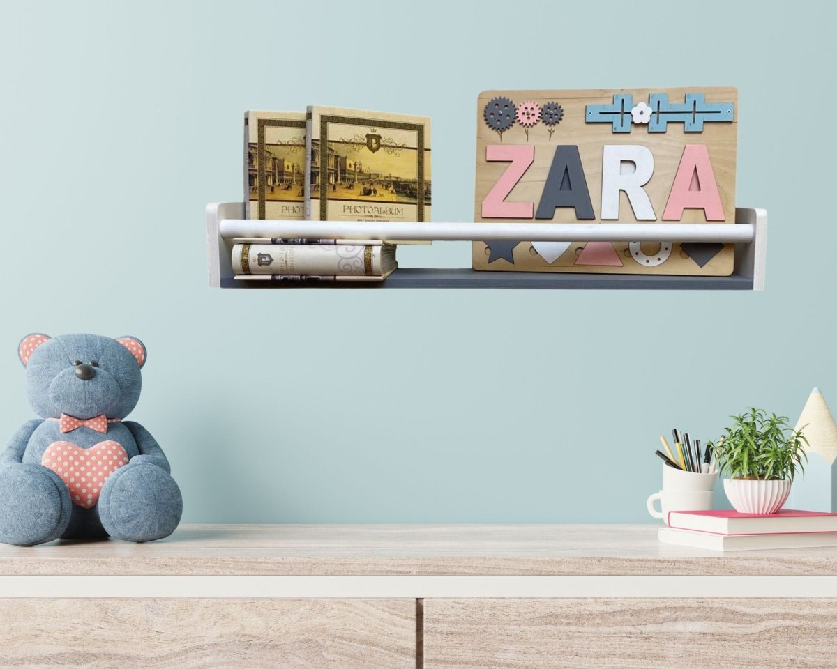 Minimalist Kids Wall Floating Wooden Book shelves for Nursery Storage Montessori Narrow Design Furniture in White Gray Green