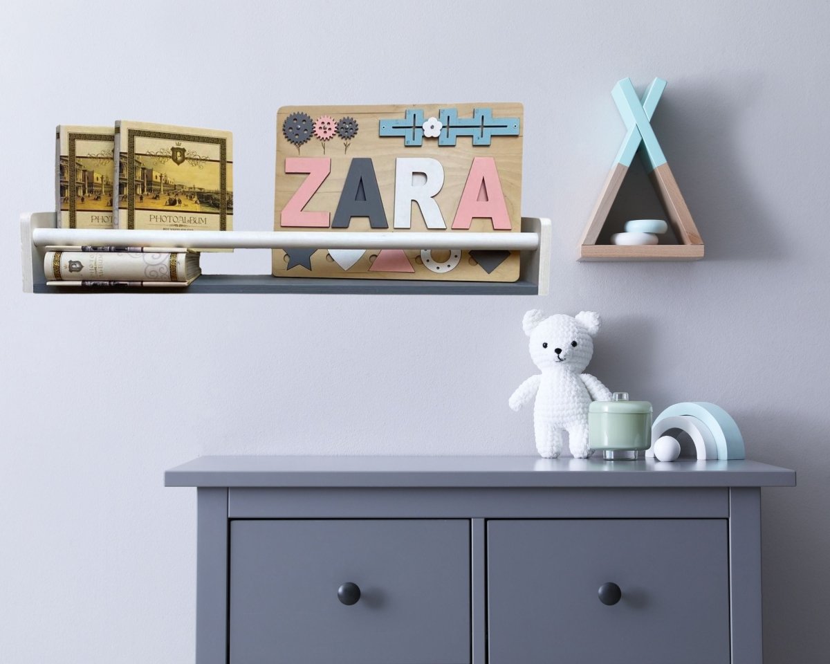 Minimalist Kids Wall Floating Wooden Book shelves for Nursery Storage Montessori Narrow Design Furniture in White Gray Green