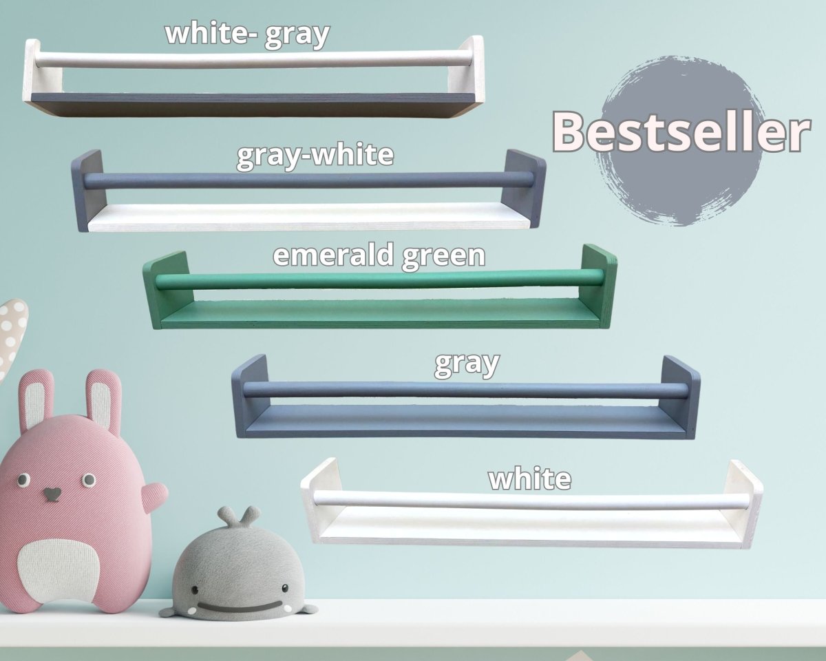 Minimalist Kids Wall Floating Wooden Book shelves for Nursery Storage Montessori Narrow Design Furniture in White Gray Green
