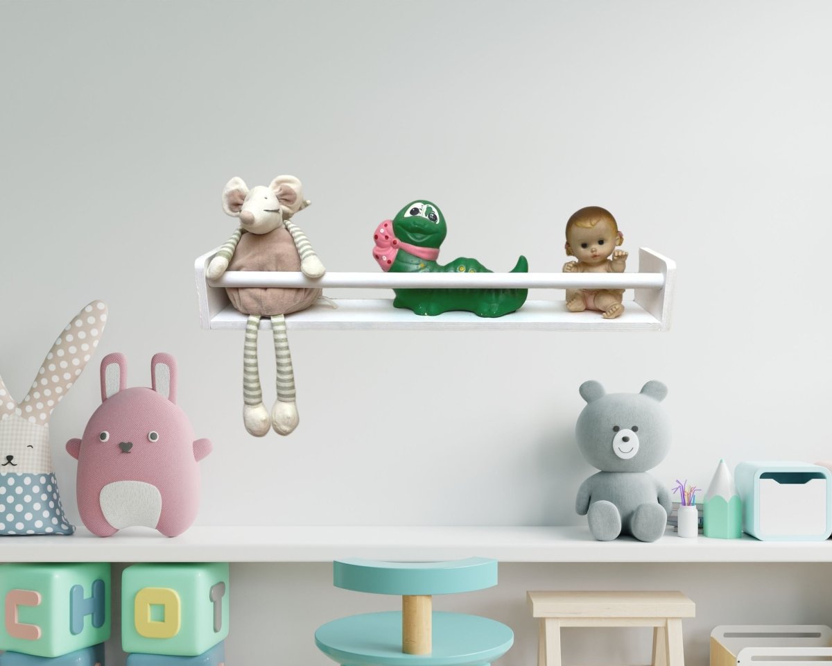 Minimalist Kids Wall Floating Wooden Book shelves for Nursery Storage Montessori Narrow Design Furniture in White Gray Green