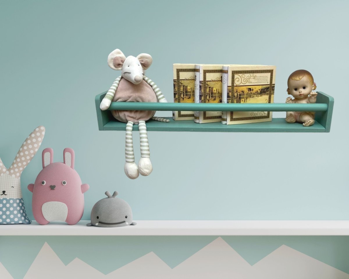Minimalist Kids Wall Floating Wooden Book shelves for Nursery Storage Montessori Narrow Design Furniture in White Gray Green