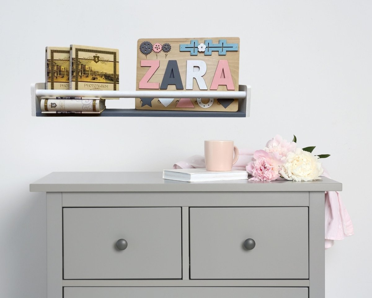 Minimalist Kids Wall Floating Wooden Book shelves for Nursery Storage Montessori Narrow Design Furniture in White Gray Green