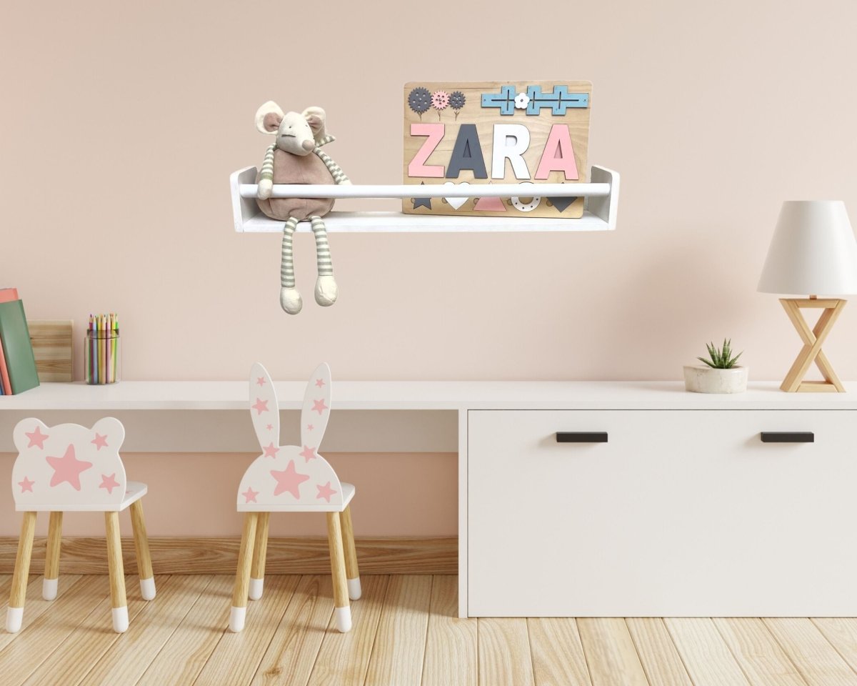 Minimalist Kids Wall Floating Wooden Book shelves for Nursery Storage Montessori Narrow Design Furniture in White Gray Green