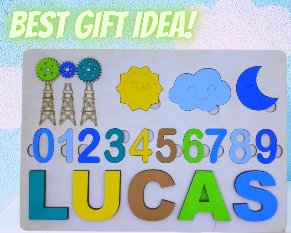Montessori Number Toddler Name Puzzle Personalized Wooden Custom Learning Toy Gift for Girls Boys Ages 1 3 Blue White