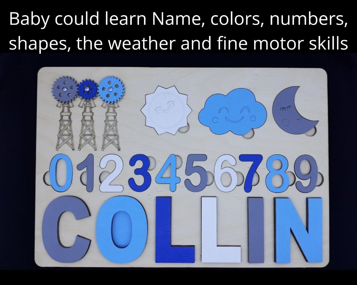 Montessori Number Toddler Name Puzzle Personalized Wooden Custom Learning Toy Gift for Girls Boys Ages 1 3 Blue White