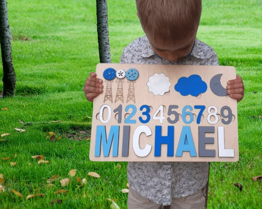 Montessori Number Toddler Name Puzzle Personalized Wooden Custom Learning Toy Gift for Girls Boys Ages 1 3 Blue White