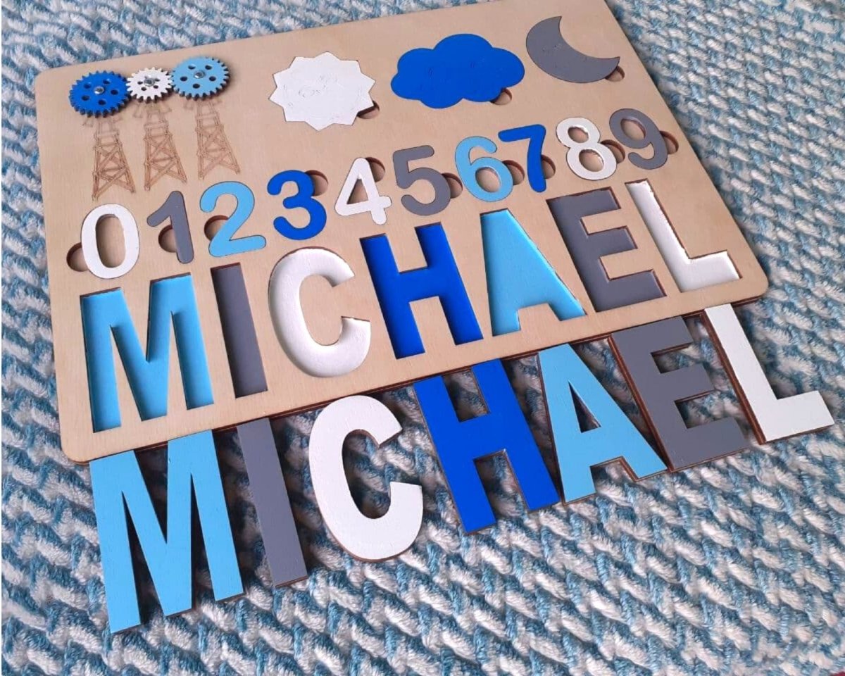 Montessori Number Toddler Name Puzzle Personalized Wooden Custom Learning Toy Gift for Girls Boys Ages 1 3 Blue White