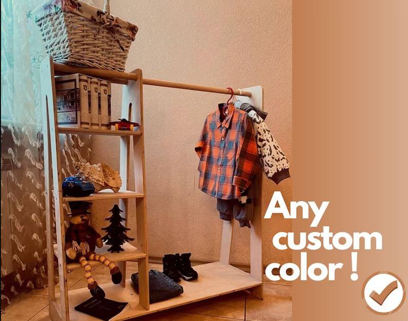 Montessori Toddler Wooden Wardrobe with Hangers: Kids Dress up Clothing Rack Storage Furniture for Baby Nursery