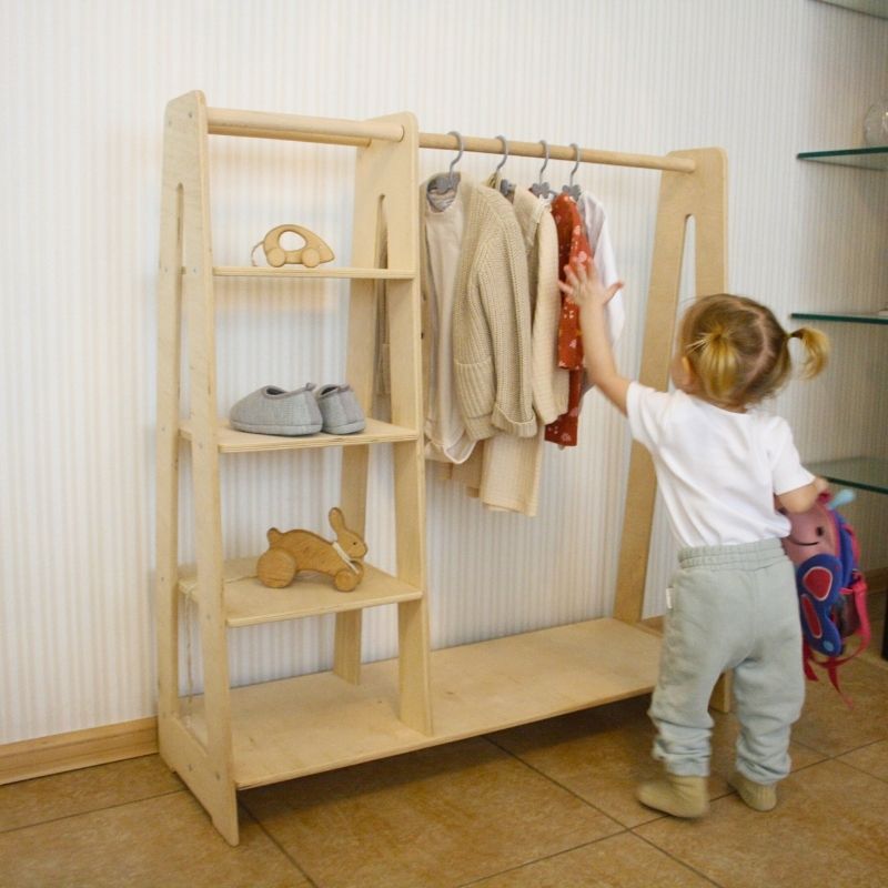 Montessori Toddler Wooden Wardrobe with Hangers: Kids Dress up Clothing Rack Storage Furniture for Baby Nursery