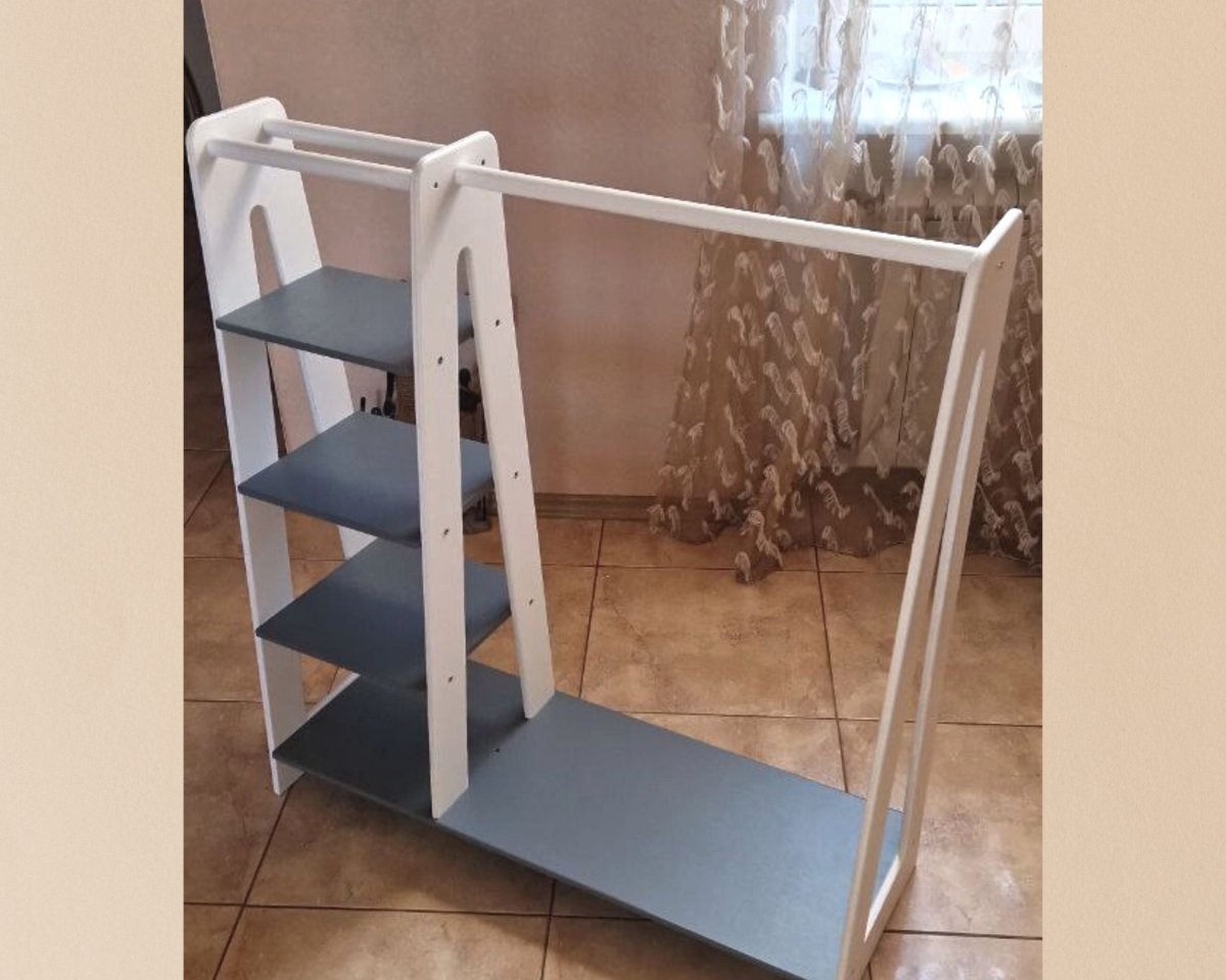 Montessori Toddler Wooden Wardrobe with Hangers: Kids Dress up Clothing Rack Storage Furniture for Baby Nursery