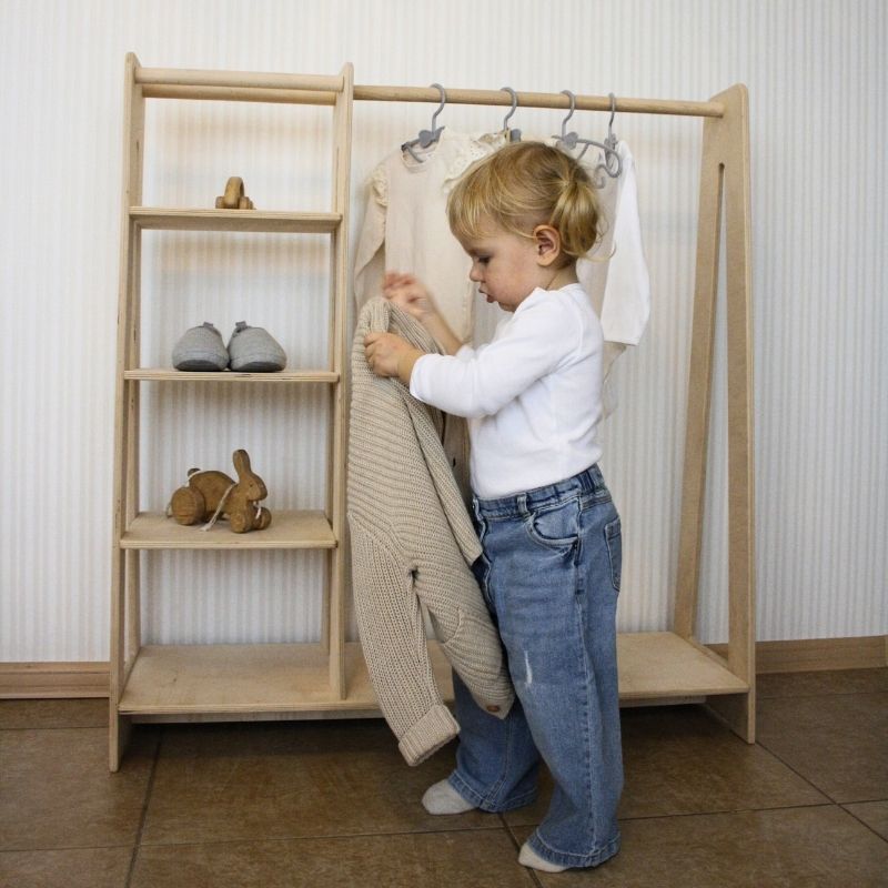 Montessori Toddler Wooden Wardrobe with Hangers: Kids Dress up Clothing Rack Storage Furniture for Baby Nursery