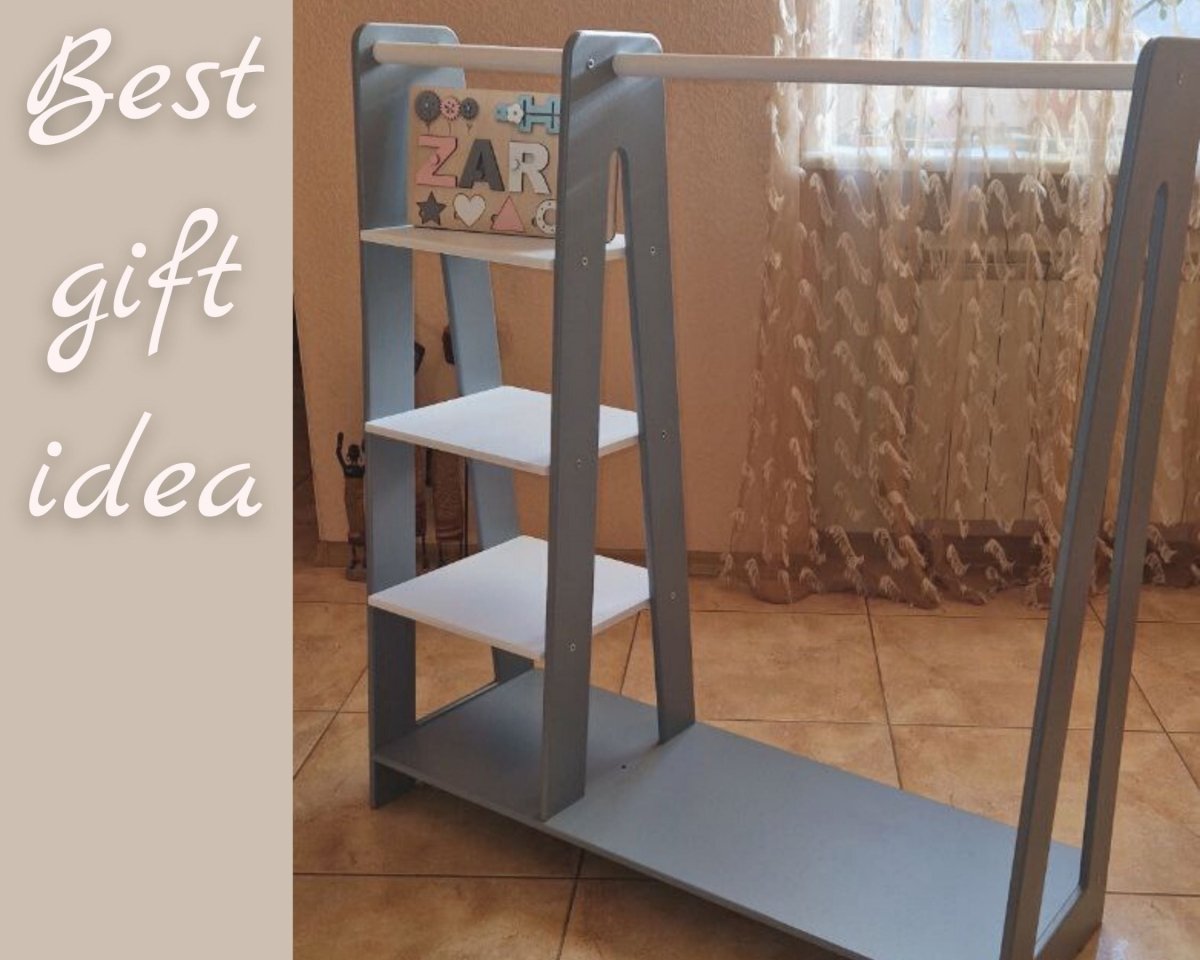 Montessori Toddler Wooden Wardrobe with Hangers: Kids Dress up Clothing Rack Storage Furniture for Baby Nursery