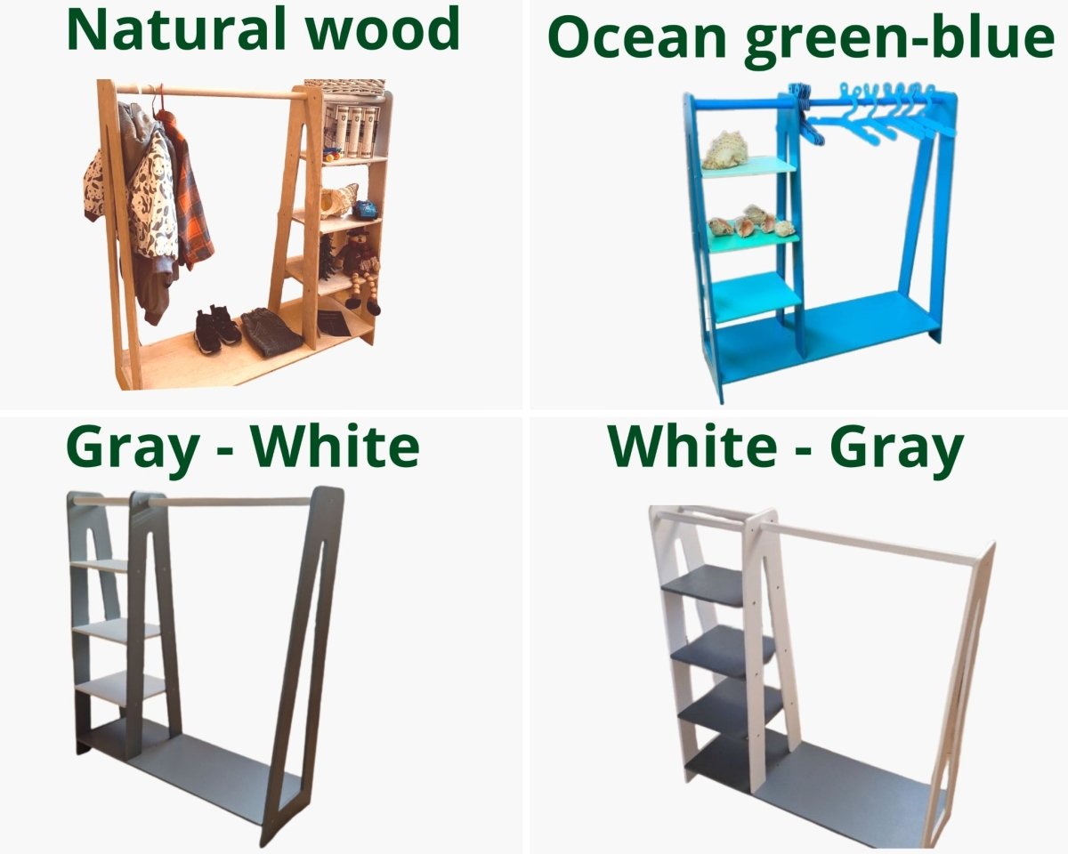Montessori Toddler Wooden Wardrobe with Hangers: Kids Dress up Clothing Rack Storage Furniture for Baby Nursery