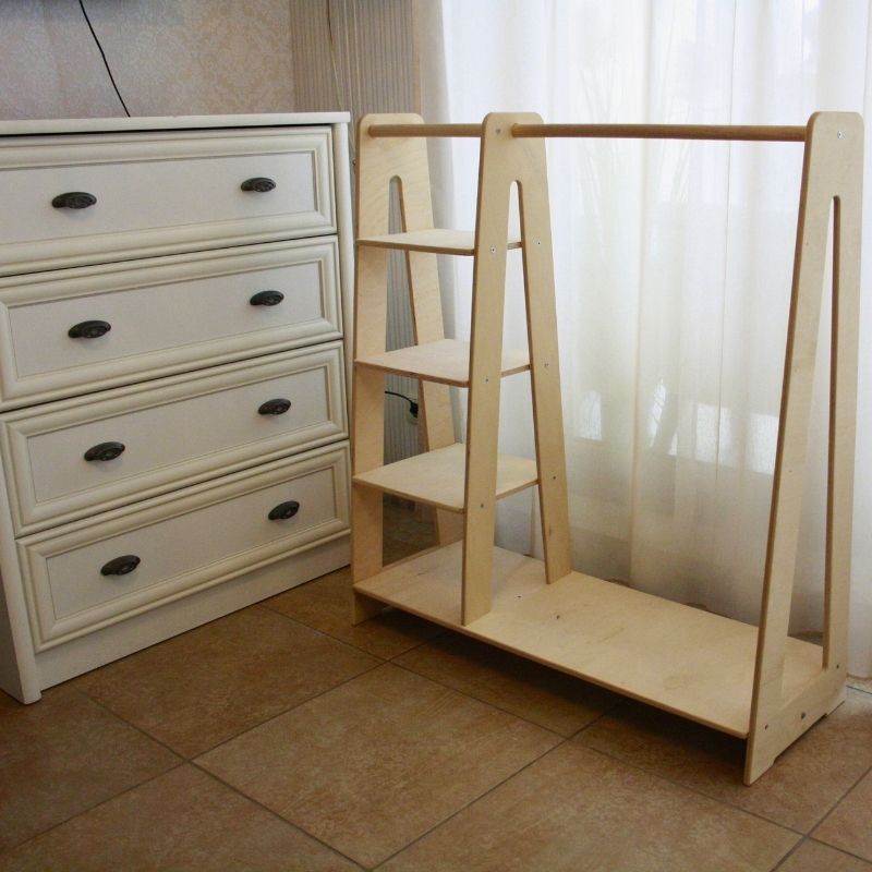 Montessori Toddler Wooden Wardrobe with Hangers: Kids Dress up Clothing Rack Storage Furniture for Baby Nursery