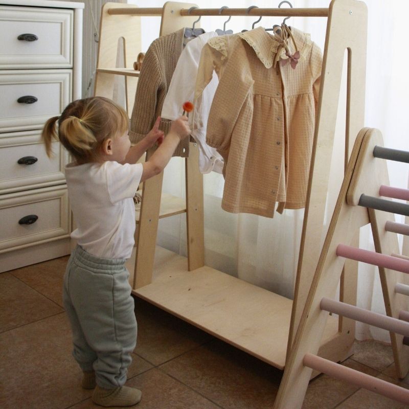 Montessori Toddler Wooden Wardrobe with Hangers: Kids Dress up Clothing Rack Storage Furniture for Baby Nursery