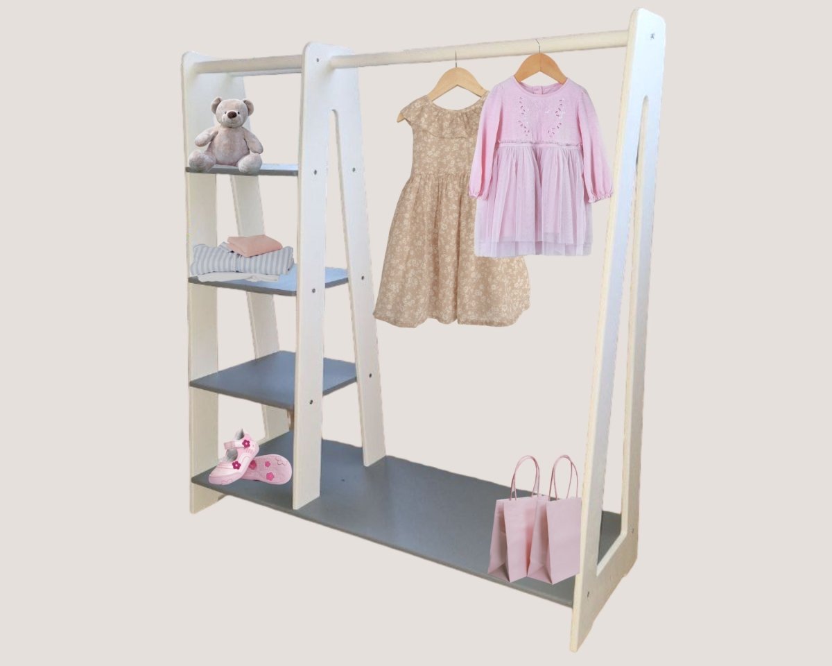 Montessori Toddler Wooden Wardrobe with Hangers: Kids Dress up Clothing Rack Storage Furniture for Baby Nursery