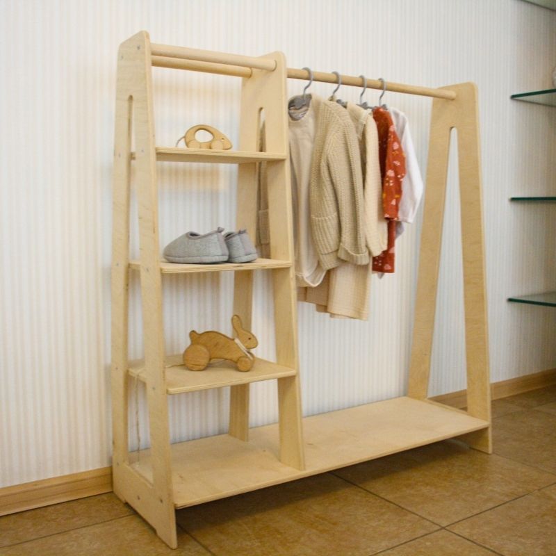 Montessori Toddler Wooden Wardrobe with Hangers: Kids Dress up Clothing Rack Storage Furniture for Baby Nursery