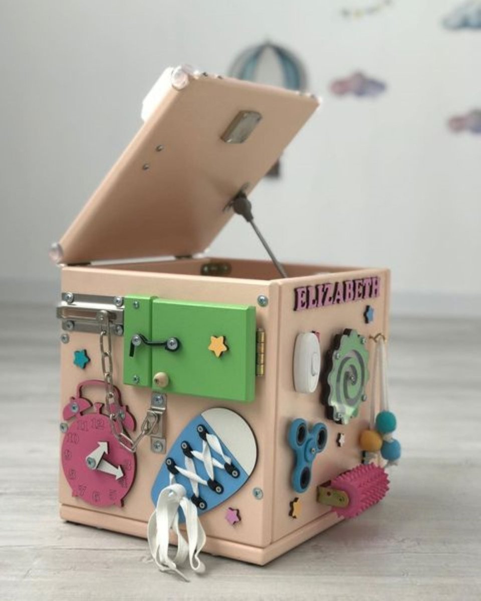 Personalized Busy Cube 9.8", Wood Playhouse for Toddlers, Montessori Furniture with LED Lights