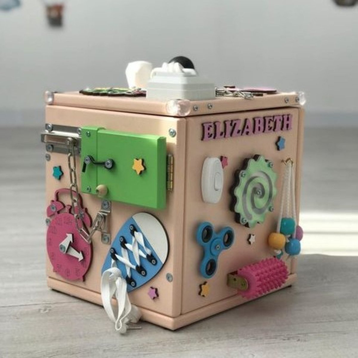 Personalized Busy Cube 9.8", Wood Playhouse for Toddlers, Montessori Furniture with LED Lights