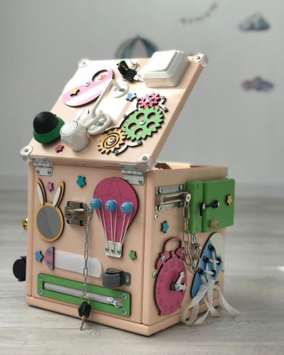 Personalized Busy Cube 9.8", Wood Playhouse for Toddlers, Montessori Furniture with LED Lights