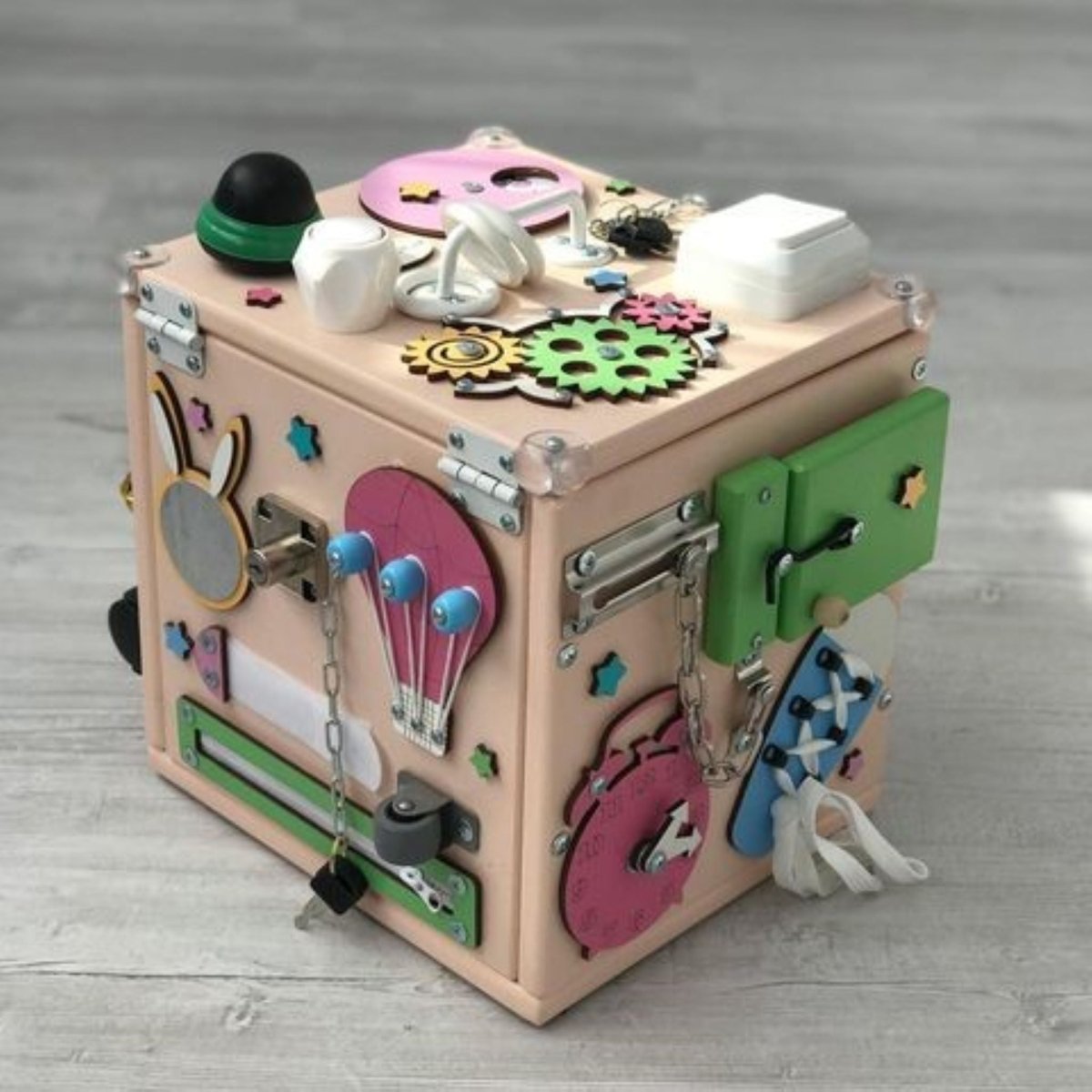 Personalized Busy Cube 9.8", Wood Playhouse for Toddlers, Montessori Furniture with LED Lights