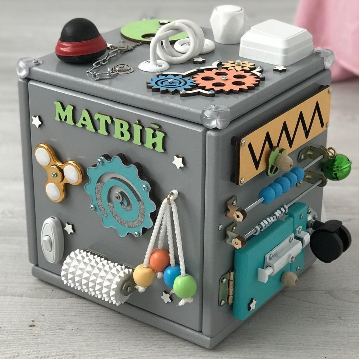 Personalized Busy Cube 9.8", Wood Playhouse for Toddlers, Montessori Furniture with LED Lights