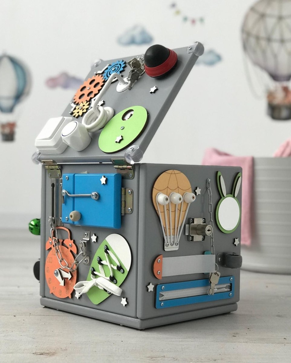 Personalized Busy Cube 9.8", Wood Playhouse for Toddlers, Montessori Furniture with LED Lights