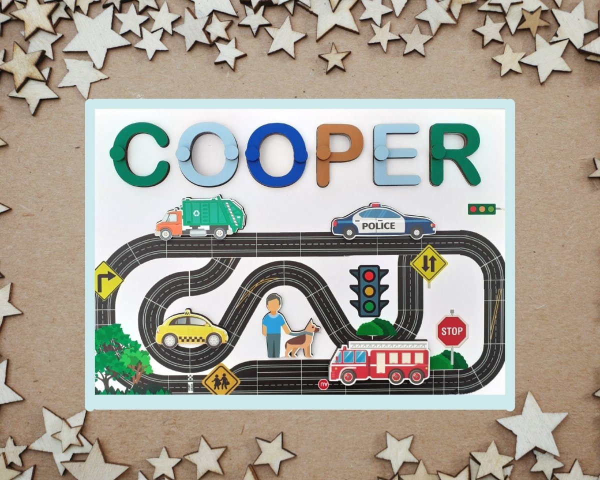 Personalized Track Name Toddler Puzzle Unique Gift Girl Boy Ages 1 3 Road Cars Kids Busy Board Montessori board Rainbow